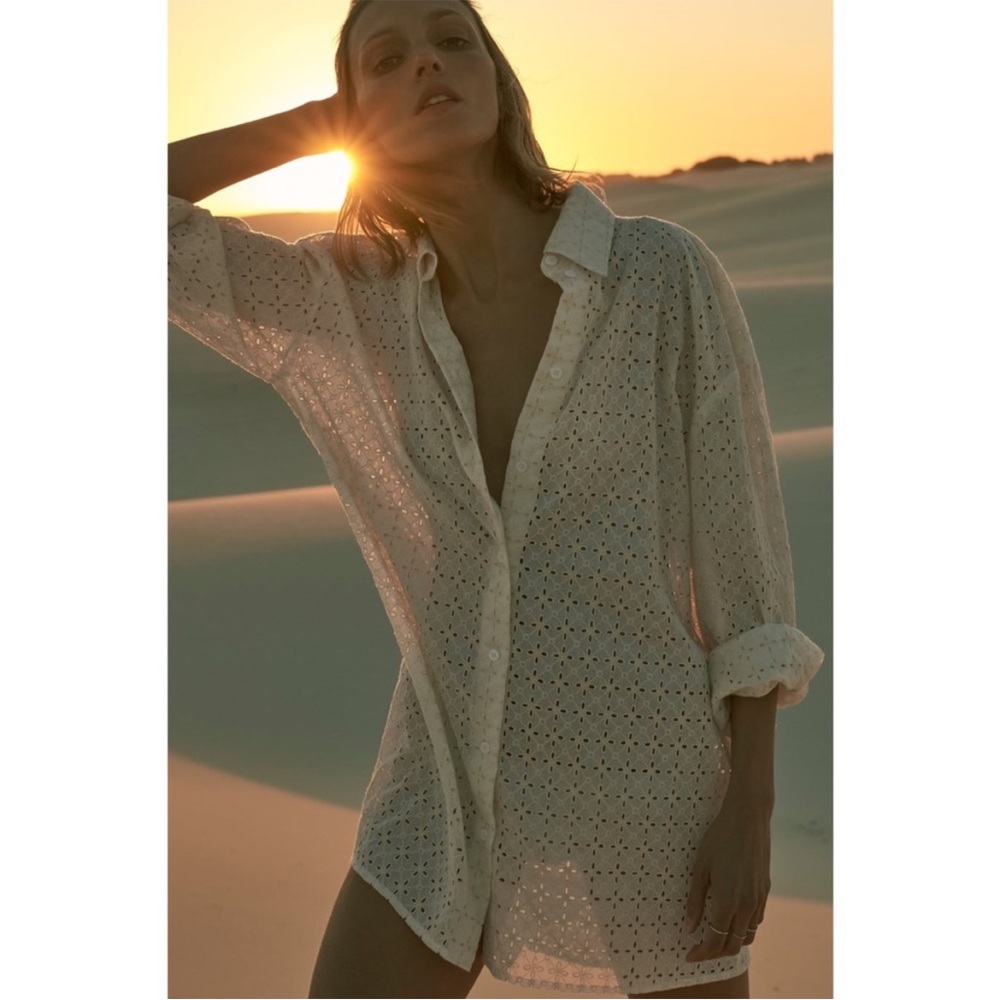 Women's White Eyelet Button Up